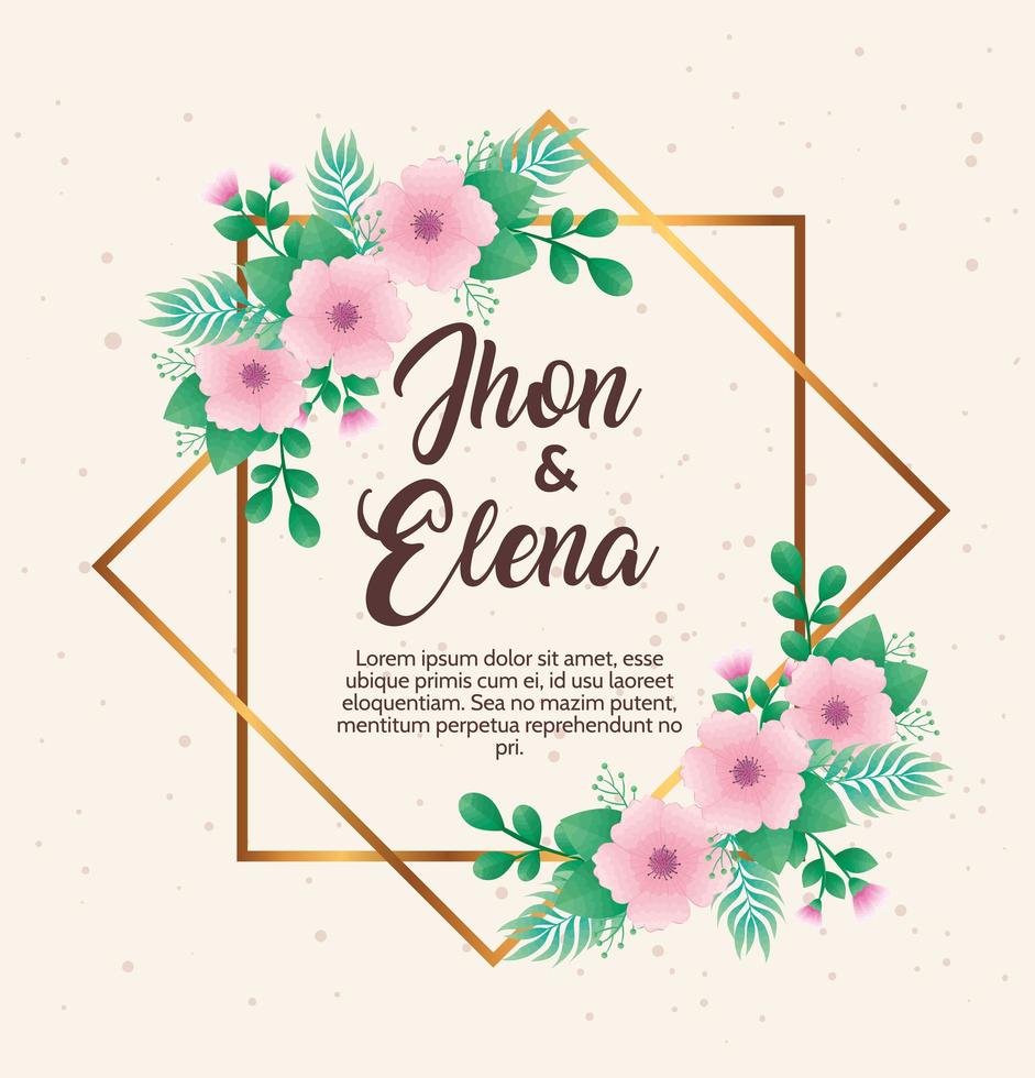 wedding invitation with jhon and elena lettering and pink flowers frame vector