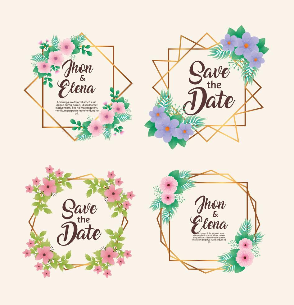 wedding invitations with floral colors and golden frames vector