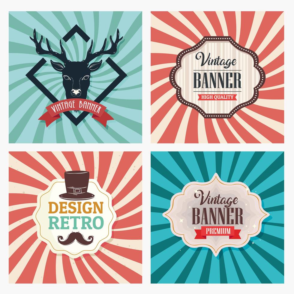 paquete de cuatro pancartas vintage con fondo retro sunburst vector