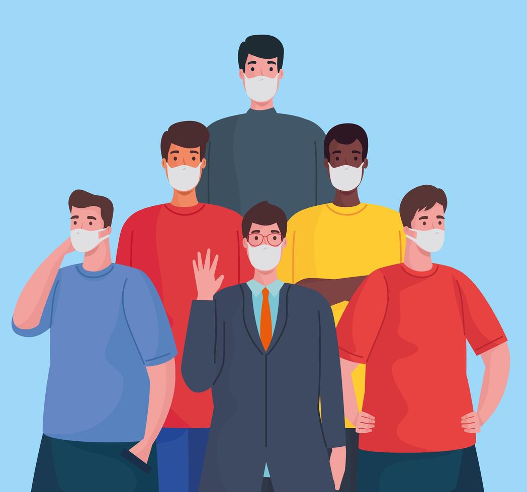 group of interracial men wearing medical masks characters vector