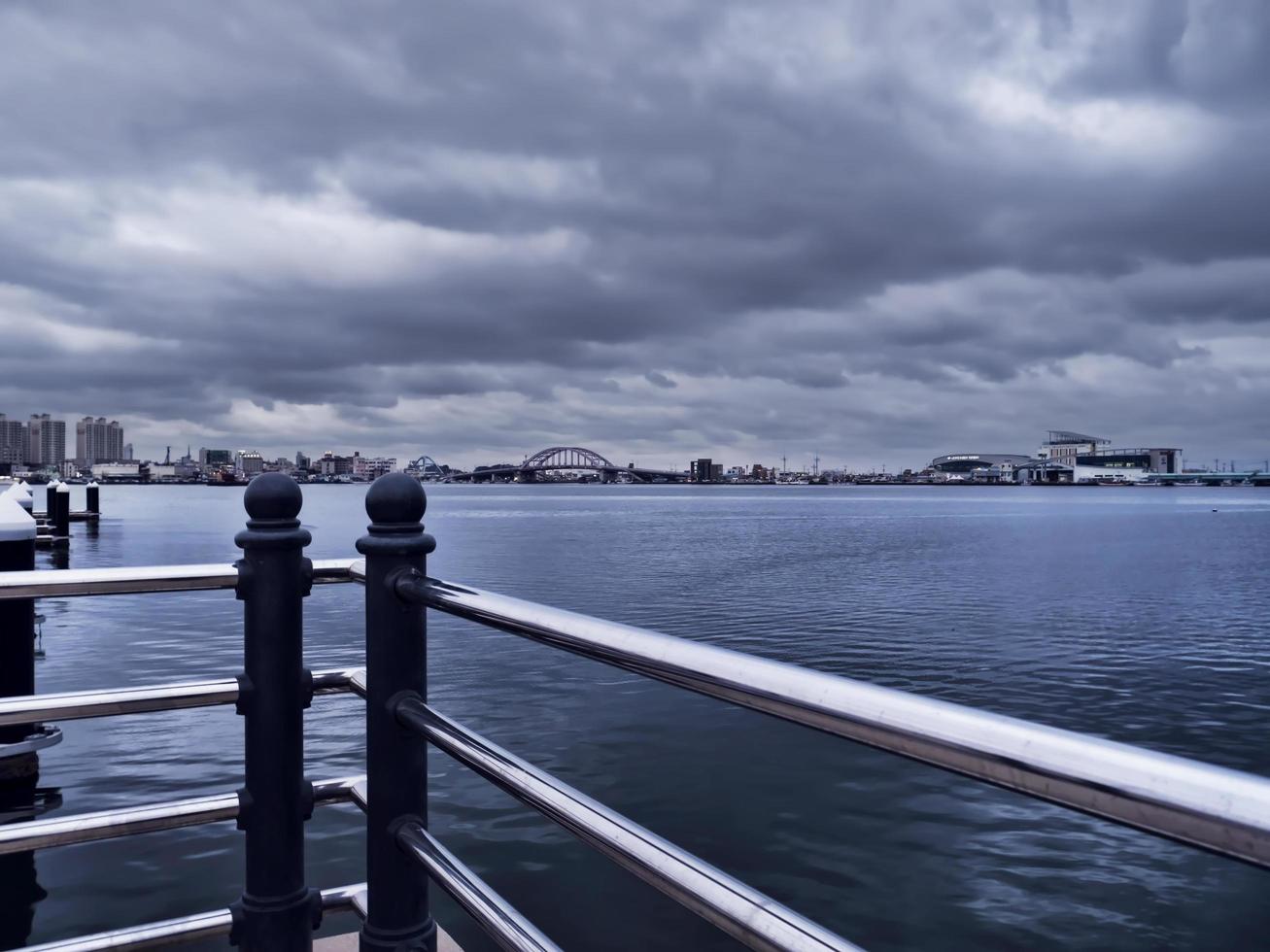 Railings and the bay of Sokcho city on the background. South Korea photo