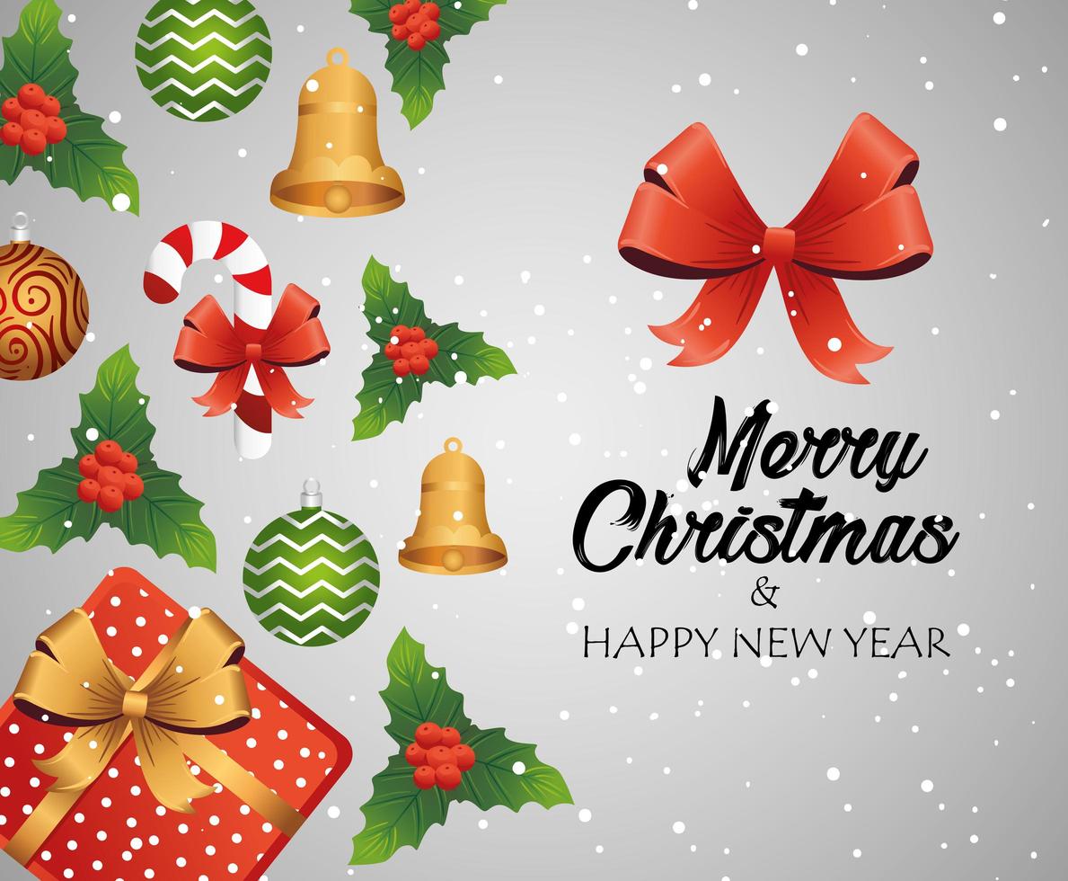 happy merry christmas lettering card with bells and balls vector