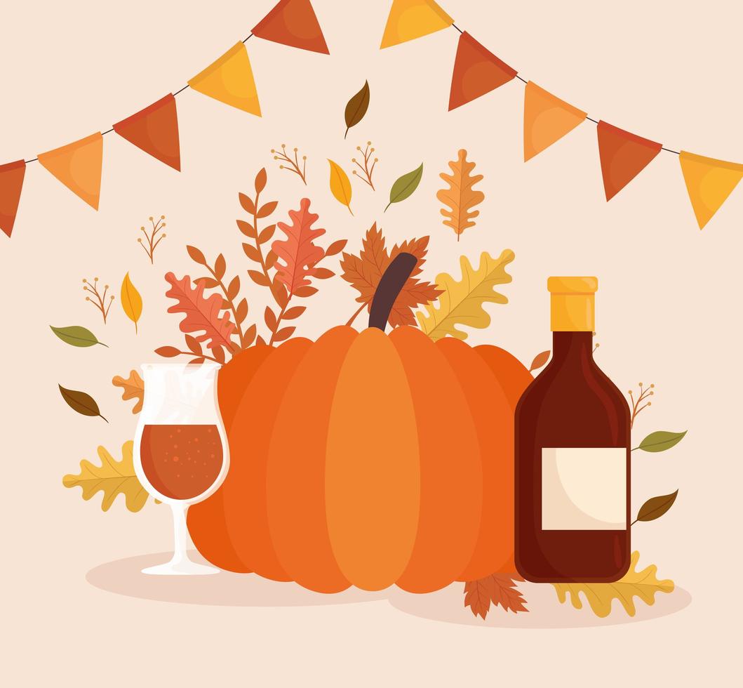 happy thanksgiving celebration card with pumpkin and wine bottle vector