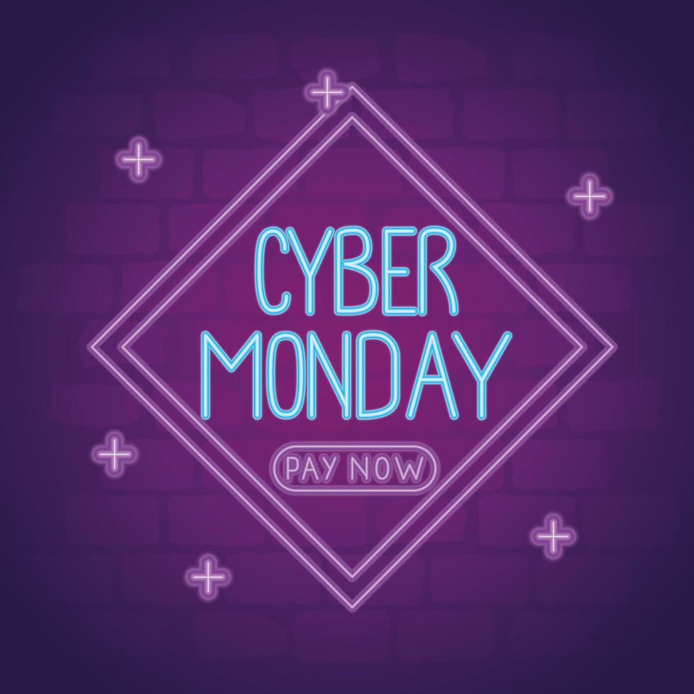 cyber monday neon lettering in diamond frame vector