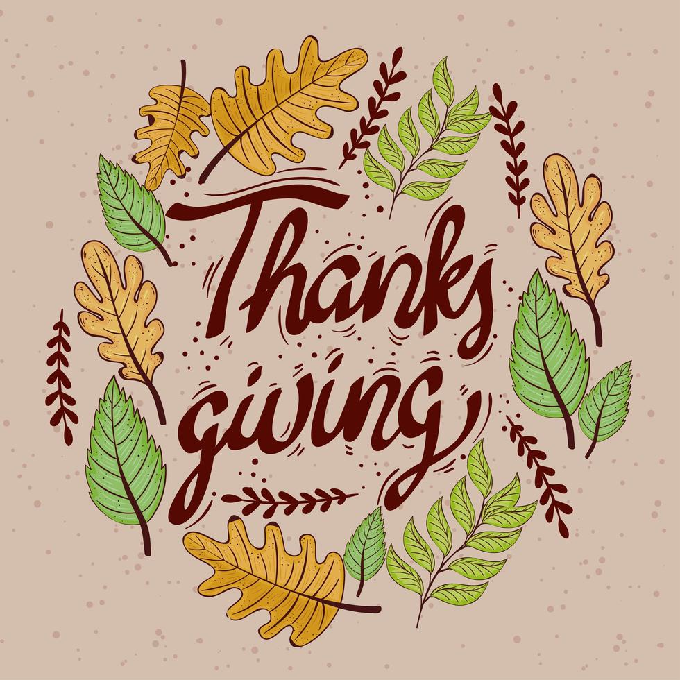 happy thanksgiving celebration lettering card with leafs circular frame vector