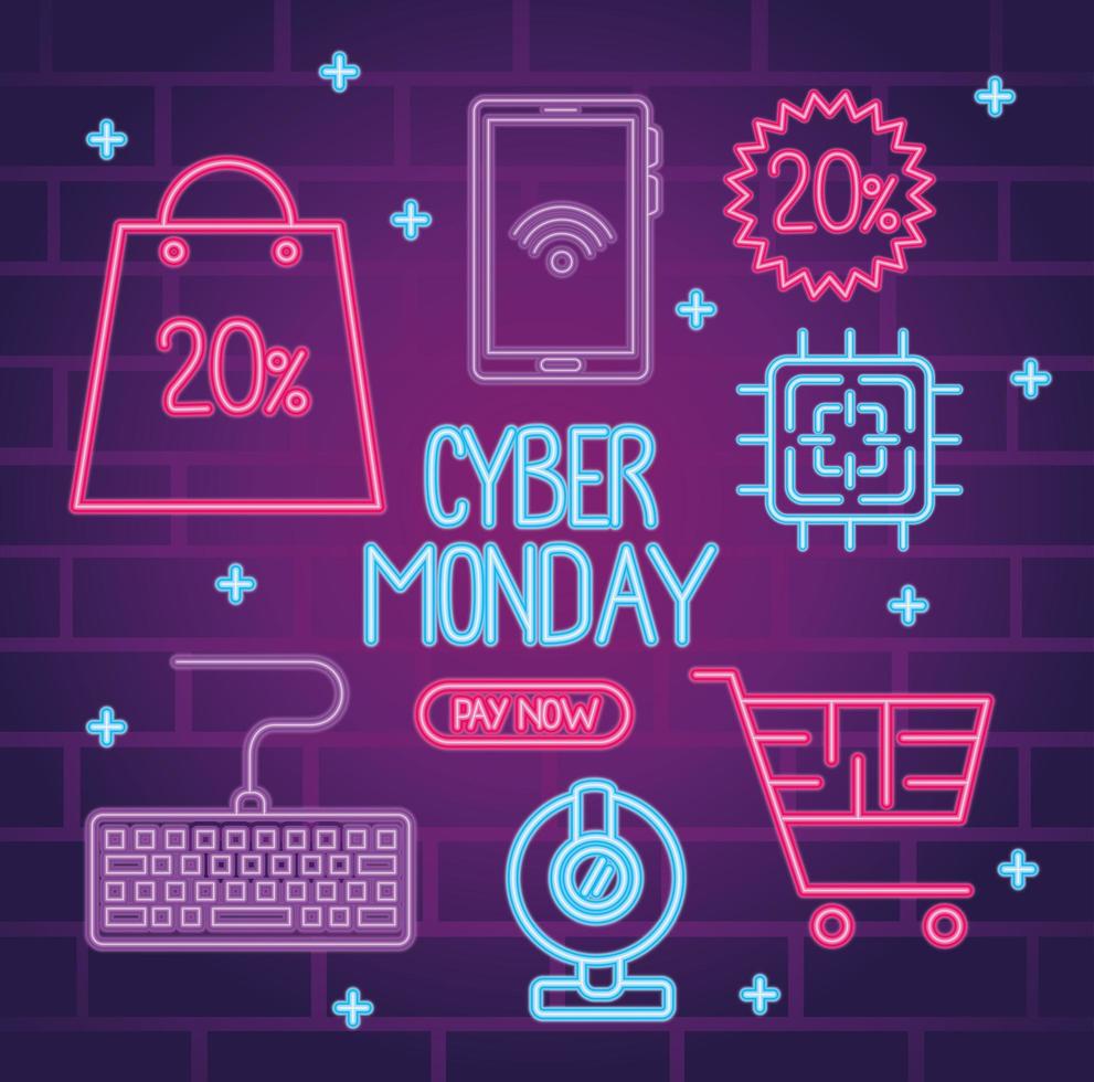 letras de neón de cyber monday con iconos de paquete vector