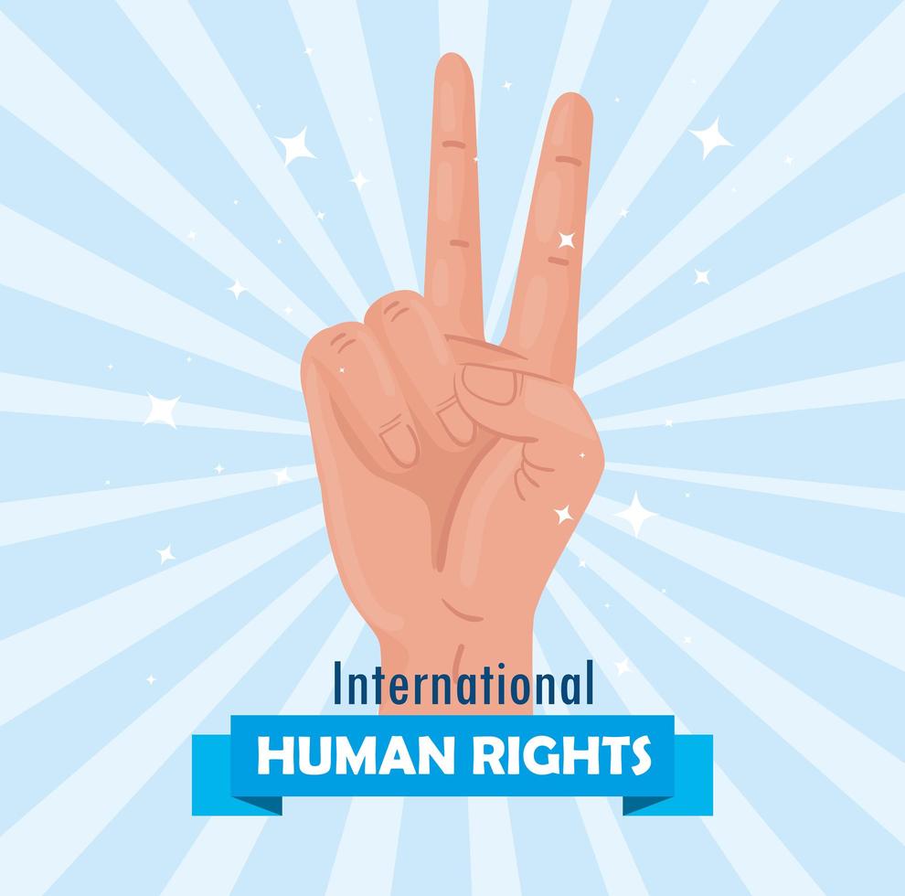 cartel de letras internacionales de derechos humanos con señal de paz y amor de mano vector