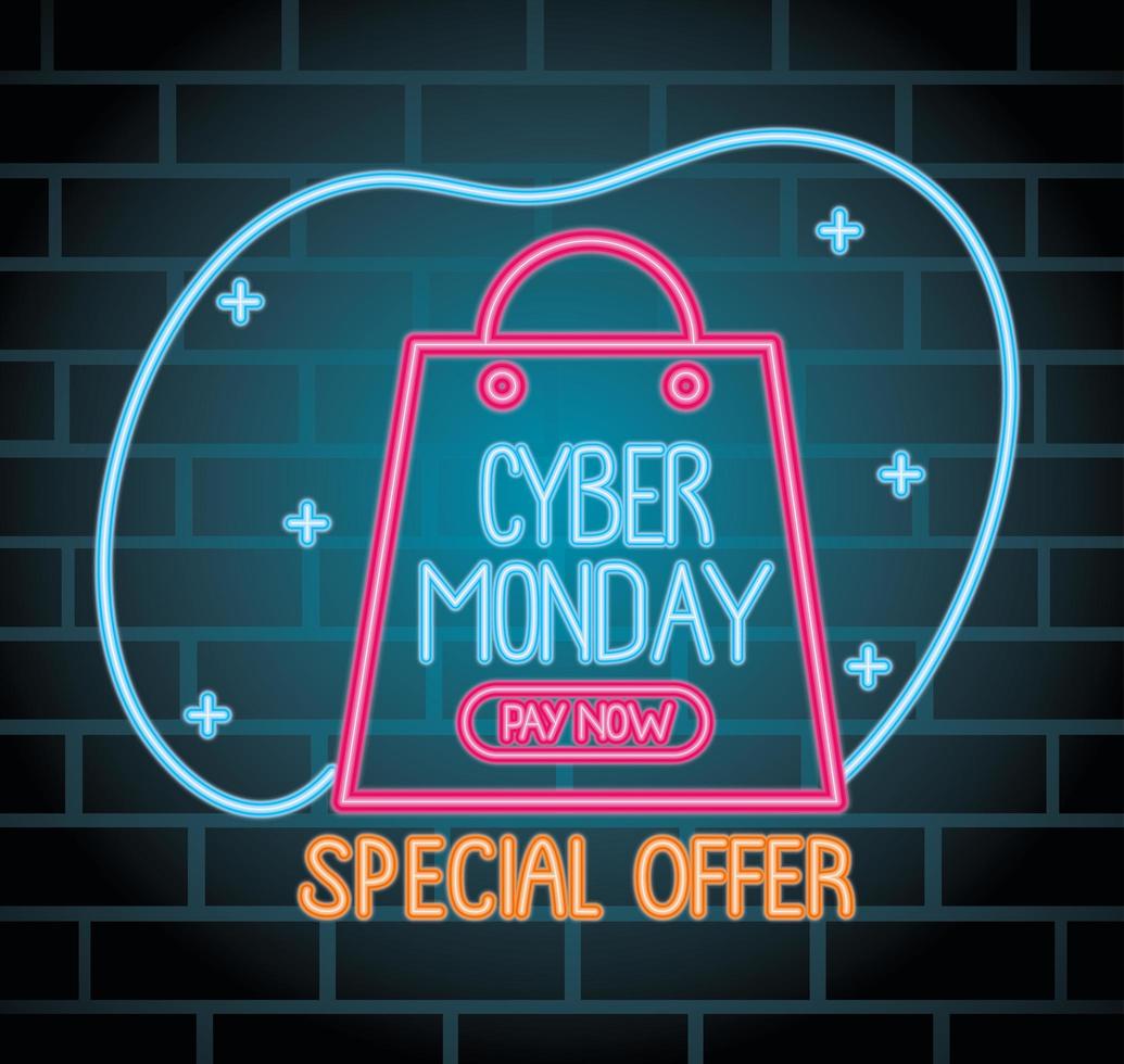 cyber monday neon lettering with shopping bag vector