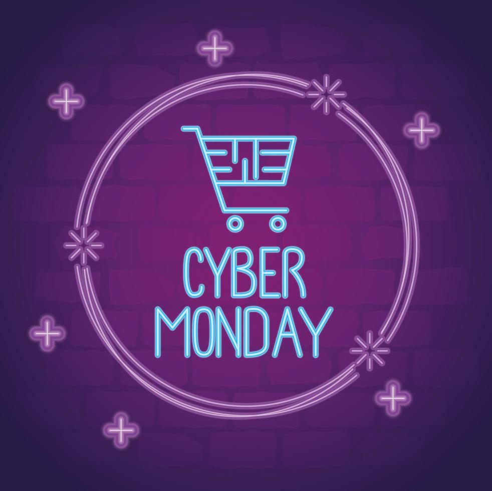 cyber monday neon lettering with shopping cart in circular frame vector