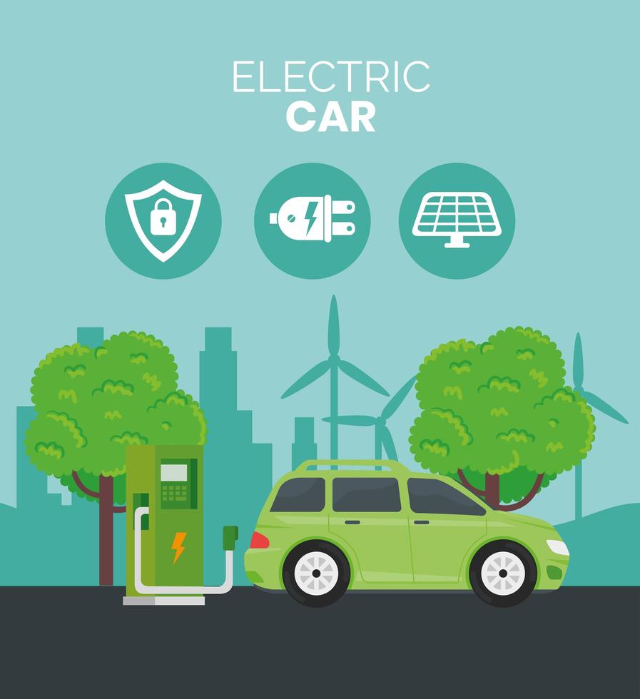 Alternativa de ecología de coche eléctrico en estación de carga y árboles. vector