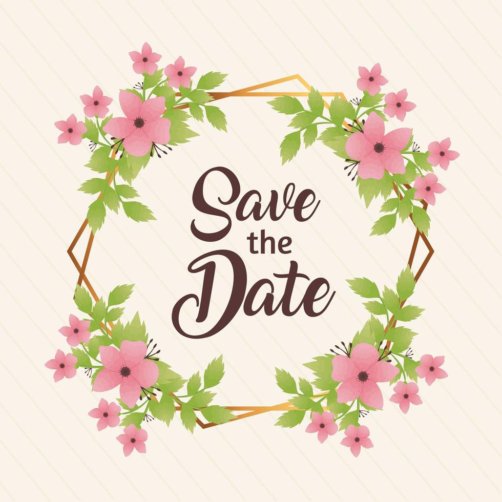 wedding invitation with save the date lettering and flowers pink in circular frame vector