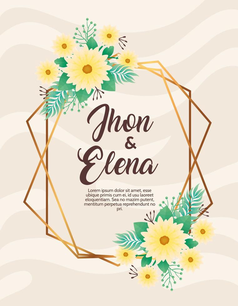 invitación de boda con letras jhon y elena y flores amarillas vector