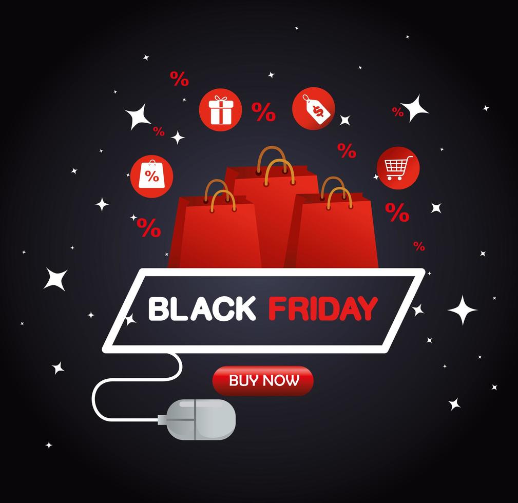 black friday buy now with bags and mouse vector design