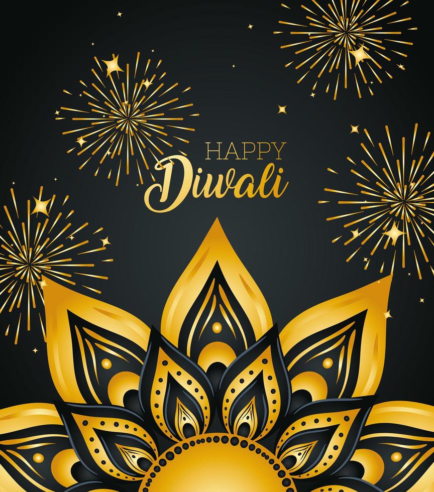 feliz diwali con mandala de oro y diseño vectorial de fuegos artificiales vector