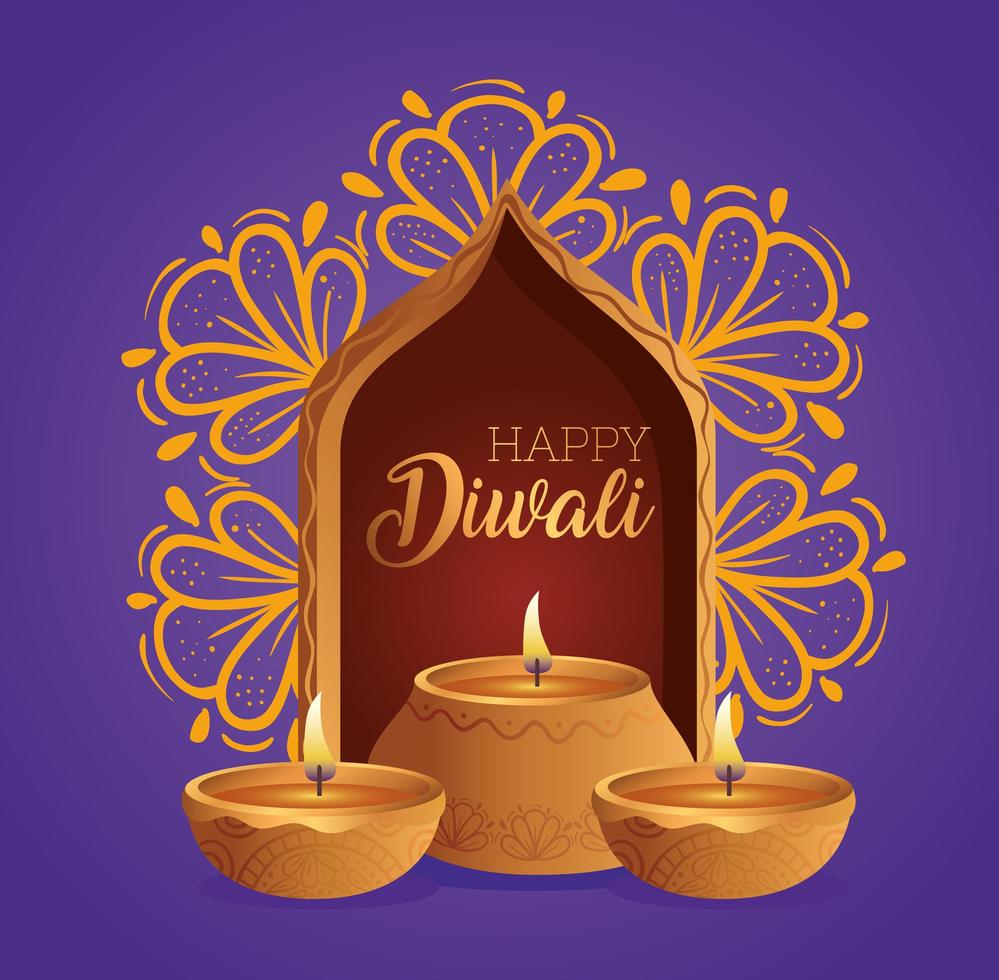 Happy diwali diya candles in front of window vector design