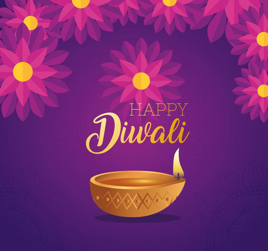 Happy diwali diya candle with flowers vector design