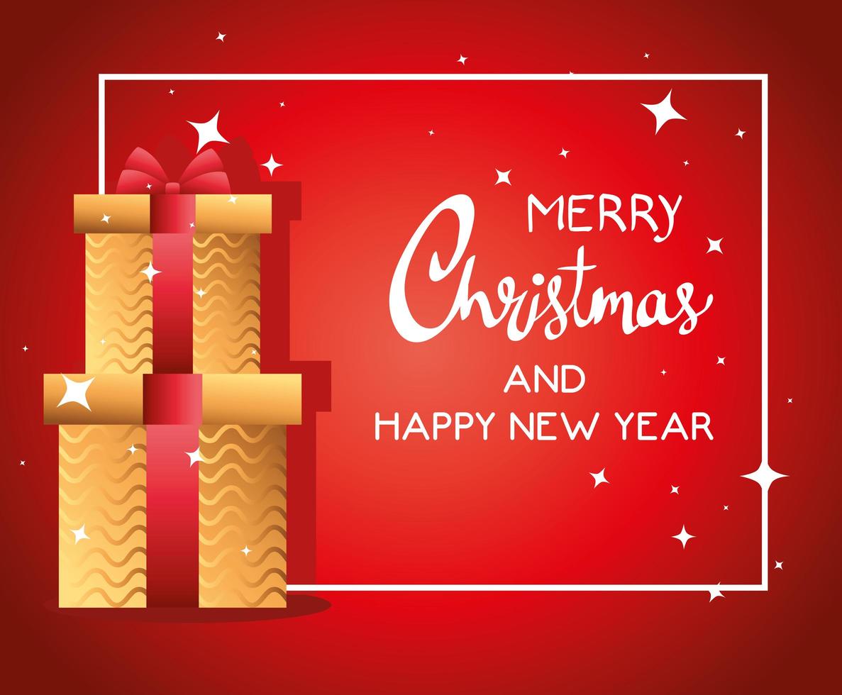 happy merry christmas lettering card with golden gifts vector