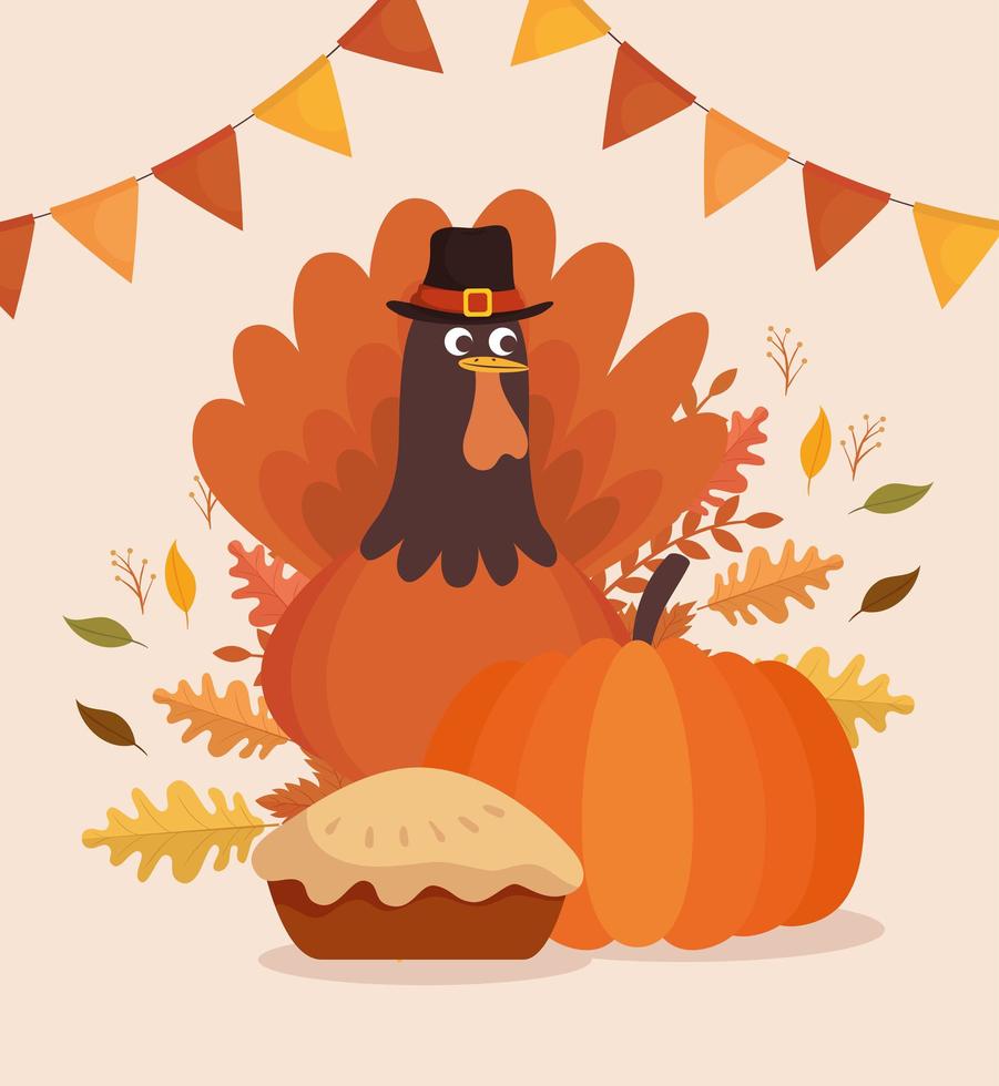 happy thanksgiving celebration card with turkey and pie vector