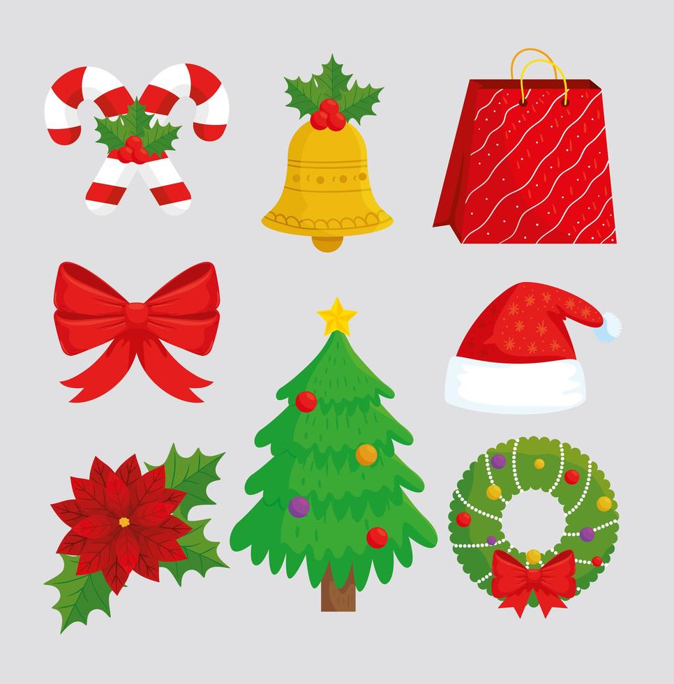 paquete de ocho feliz feliz navidad set iconos vector