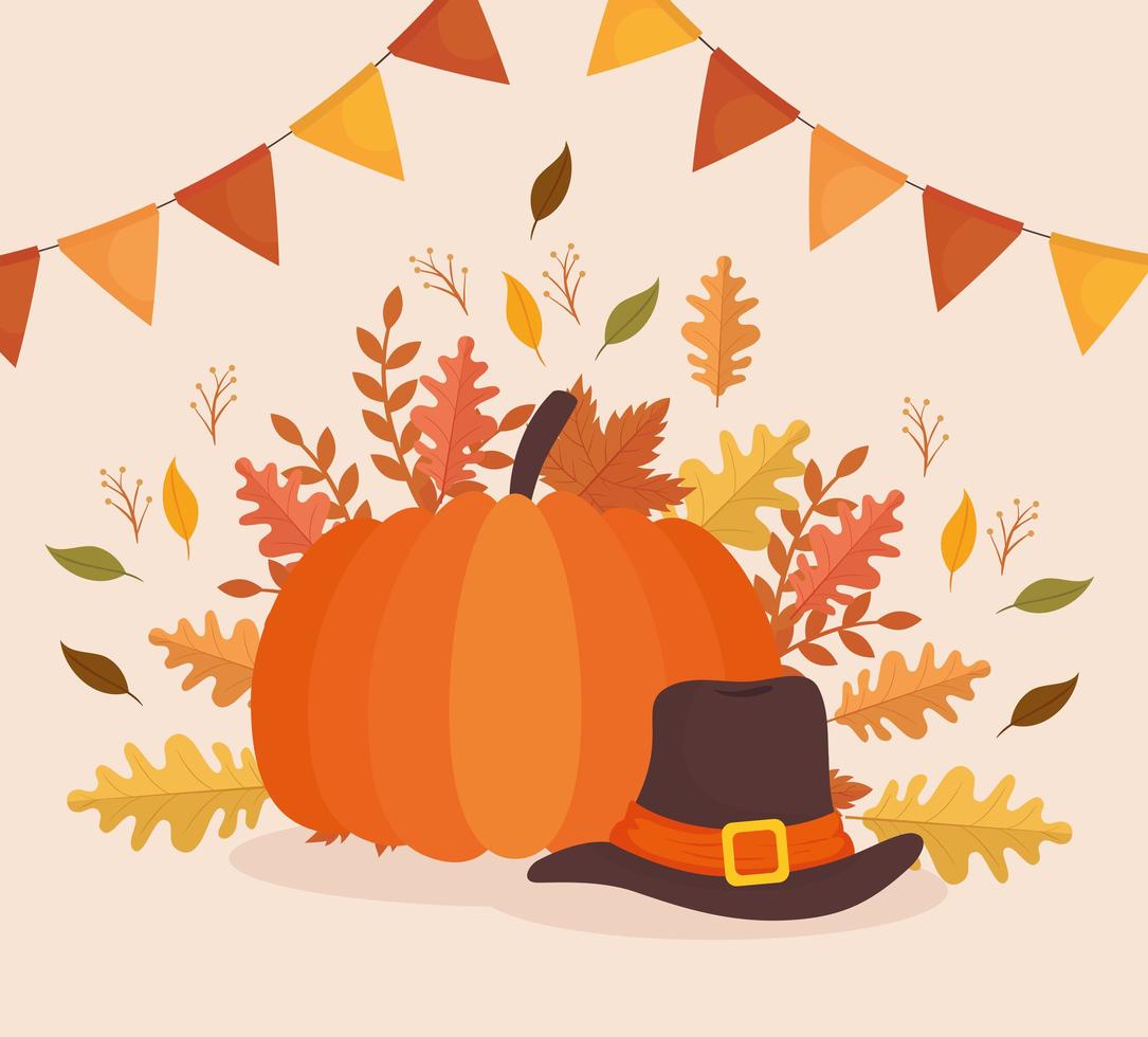 happy thanksgiving celebration card with pumpkin and pilgrim hat vector