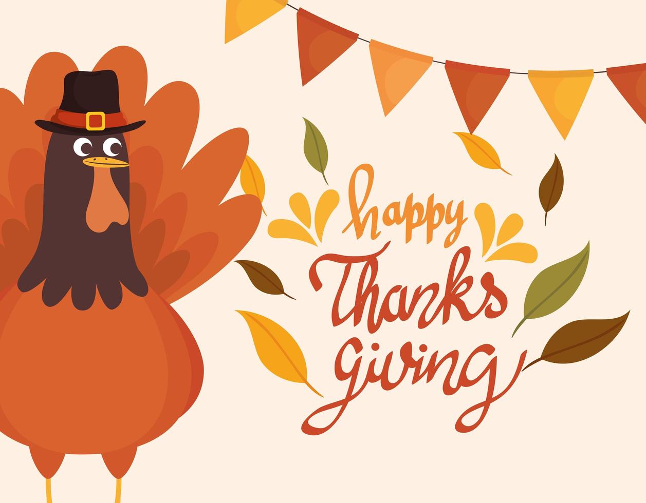happy thanksgiving celebration lettering card with garlands and turkey vector
