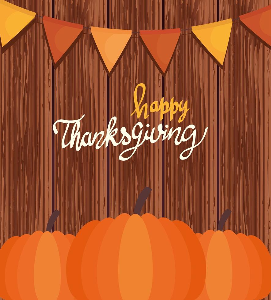 happy thanksgiving celebration lettering card with garlands and pumpkin vector