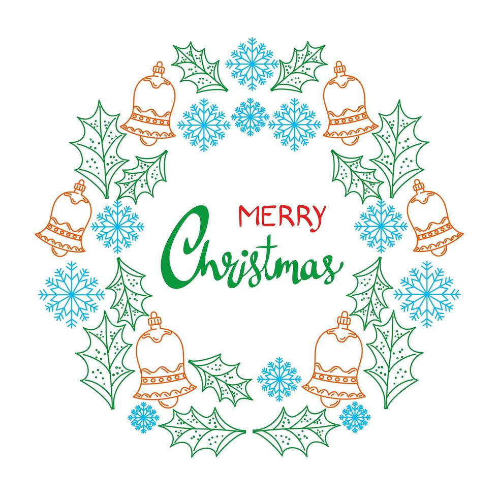 happy merry christmas lettering card with set icons circular frame vector