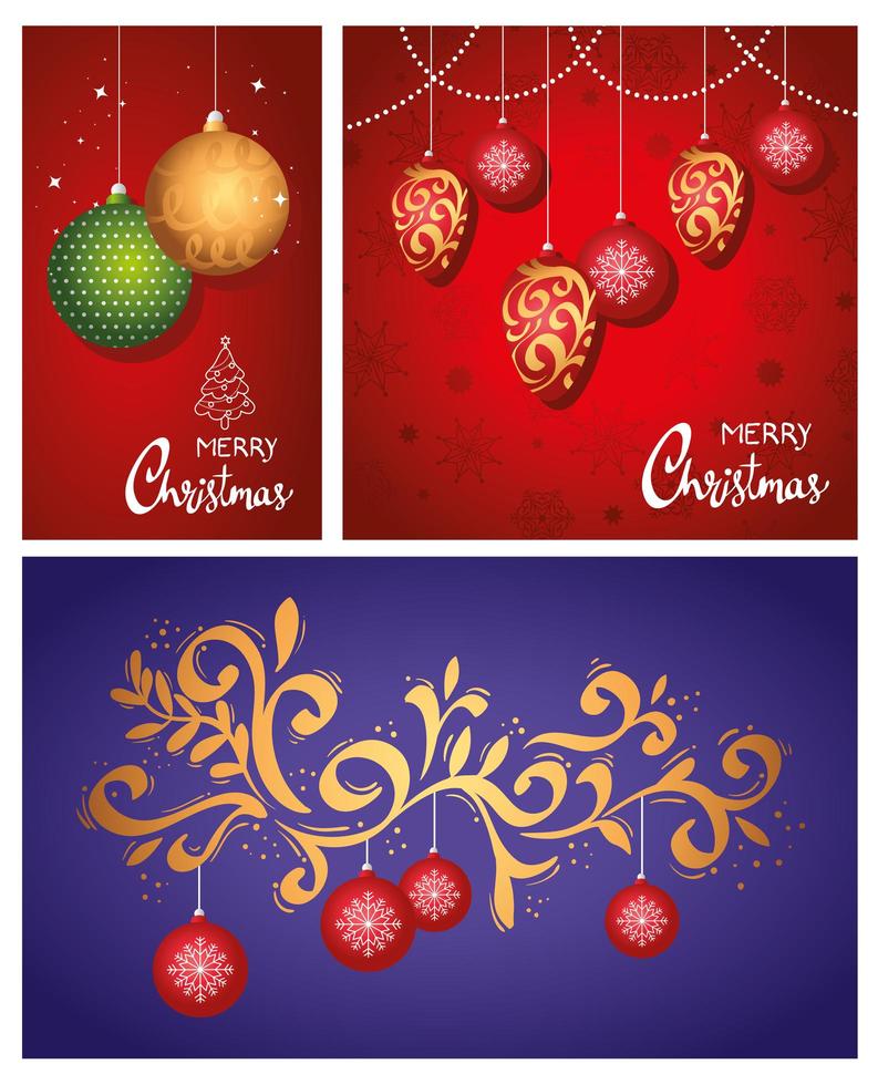 feliz navidad tarjetas de letras con bolas colgando vector