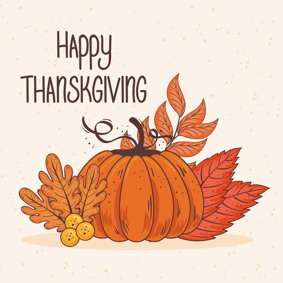 happy thanksgiving celebration lettering card with leafs and pumpkin vector