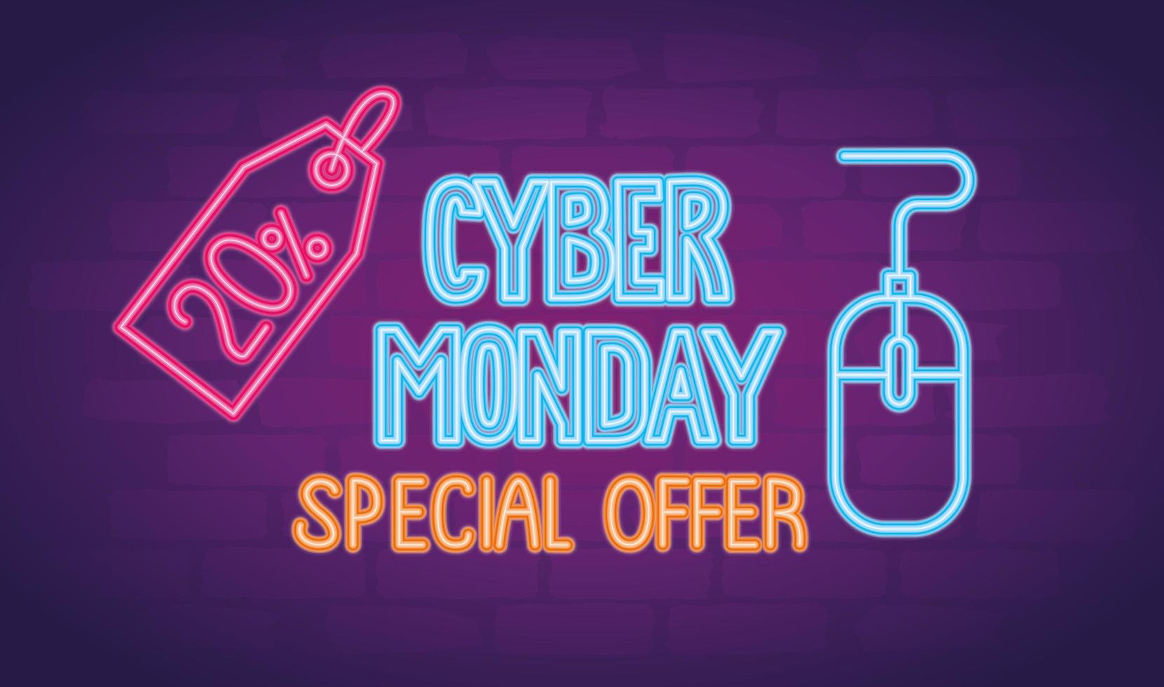 cyber monday neon lettering with mouse and percent tag vector
