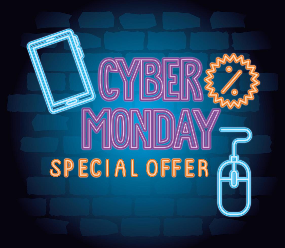 cyber monday neon lettering with mouse and smartphone vector