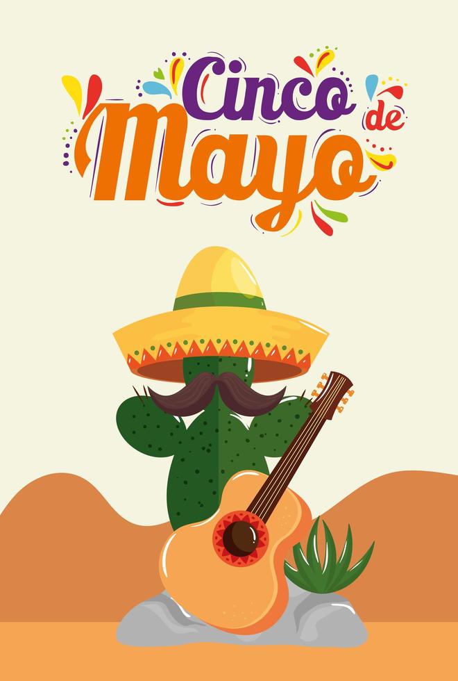 cartel del cinco de mayo con cactus y guitarra vector