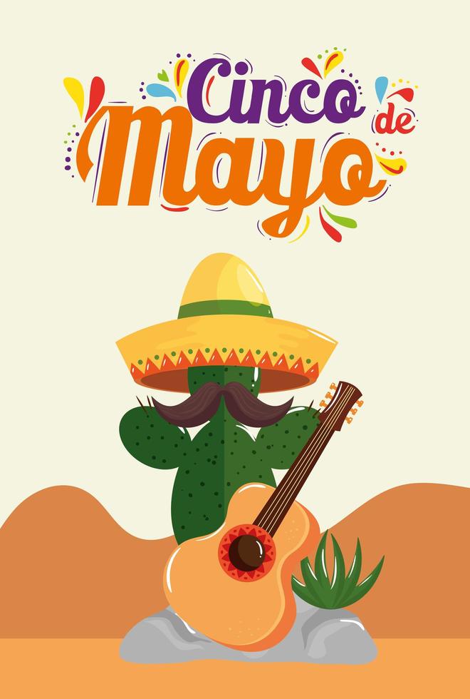 cinco de mayo poster with cactus and guitar vector