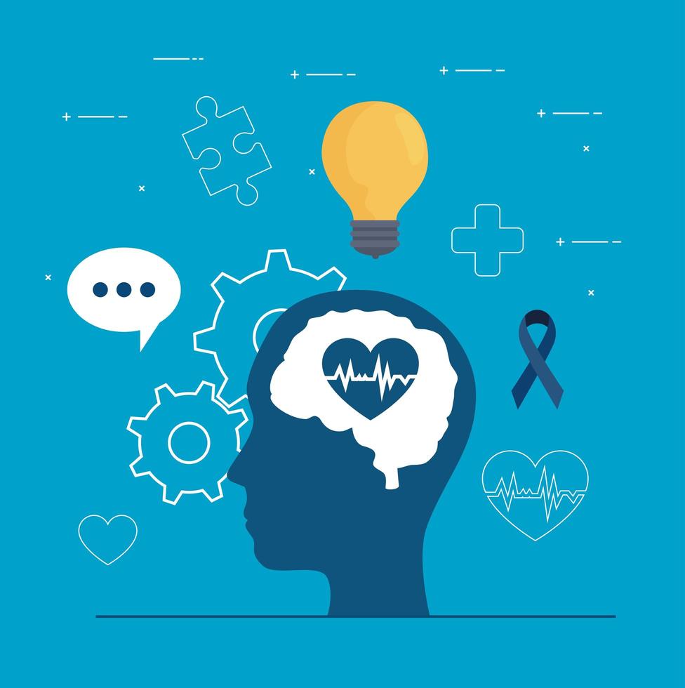 mental health of heart on brain in head and icon set vector design