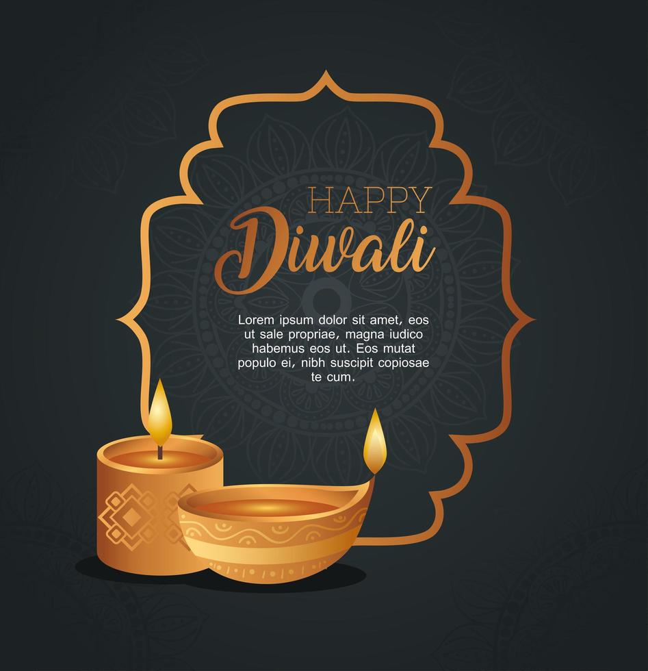 Happy diwali in frame with diya candles vector design