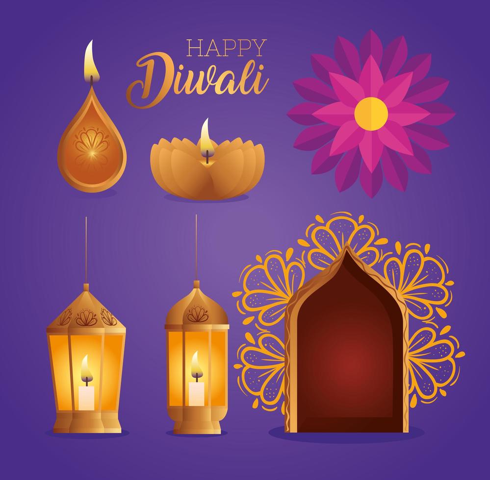 Happy diwali diya candles lanterns flower and window vector design