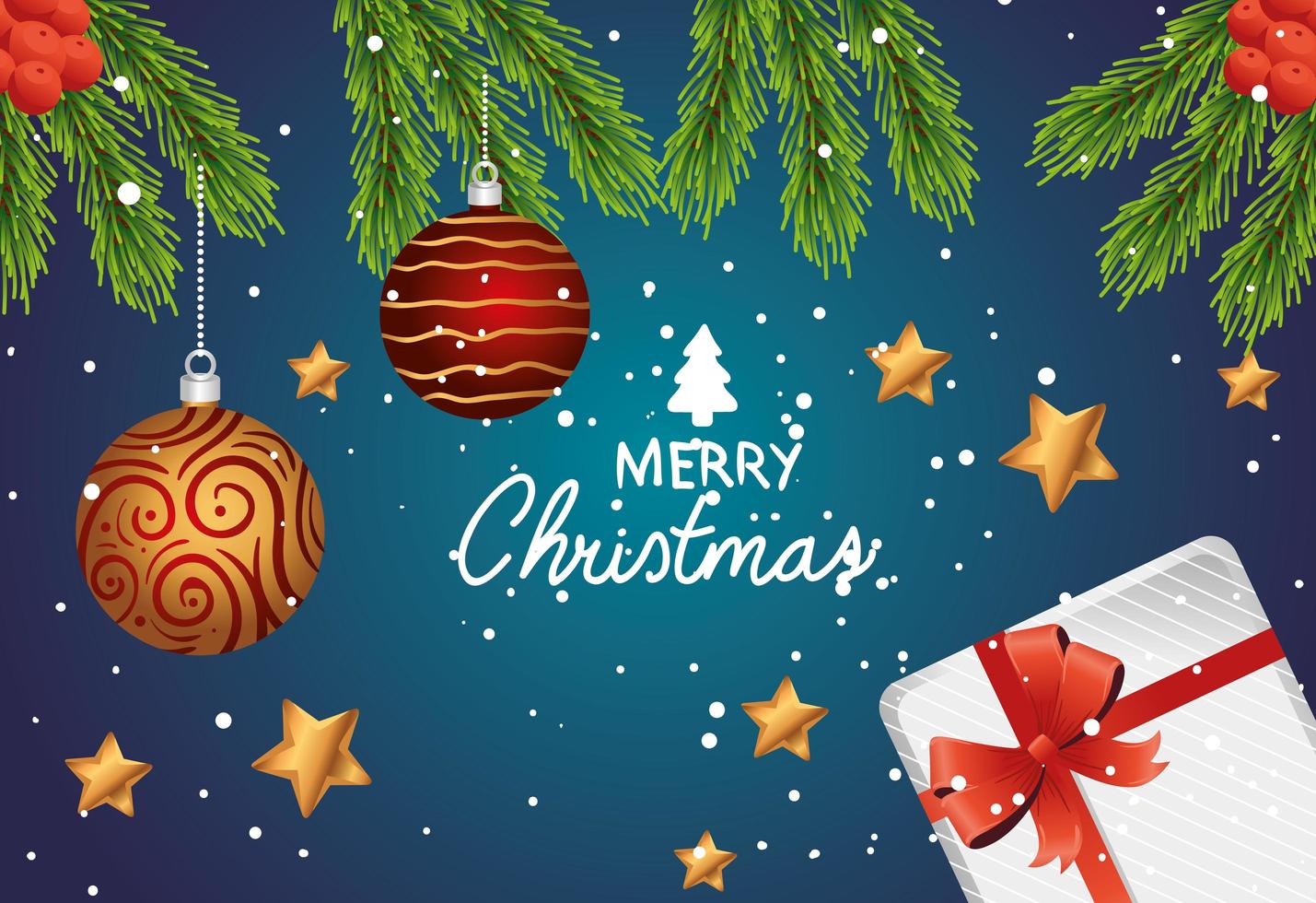 feliz navidad tarjeta de letras con regalo y bolas colgando vector