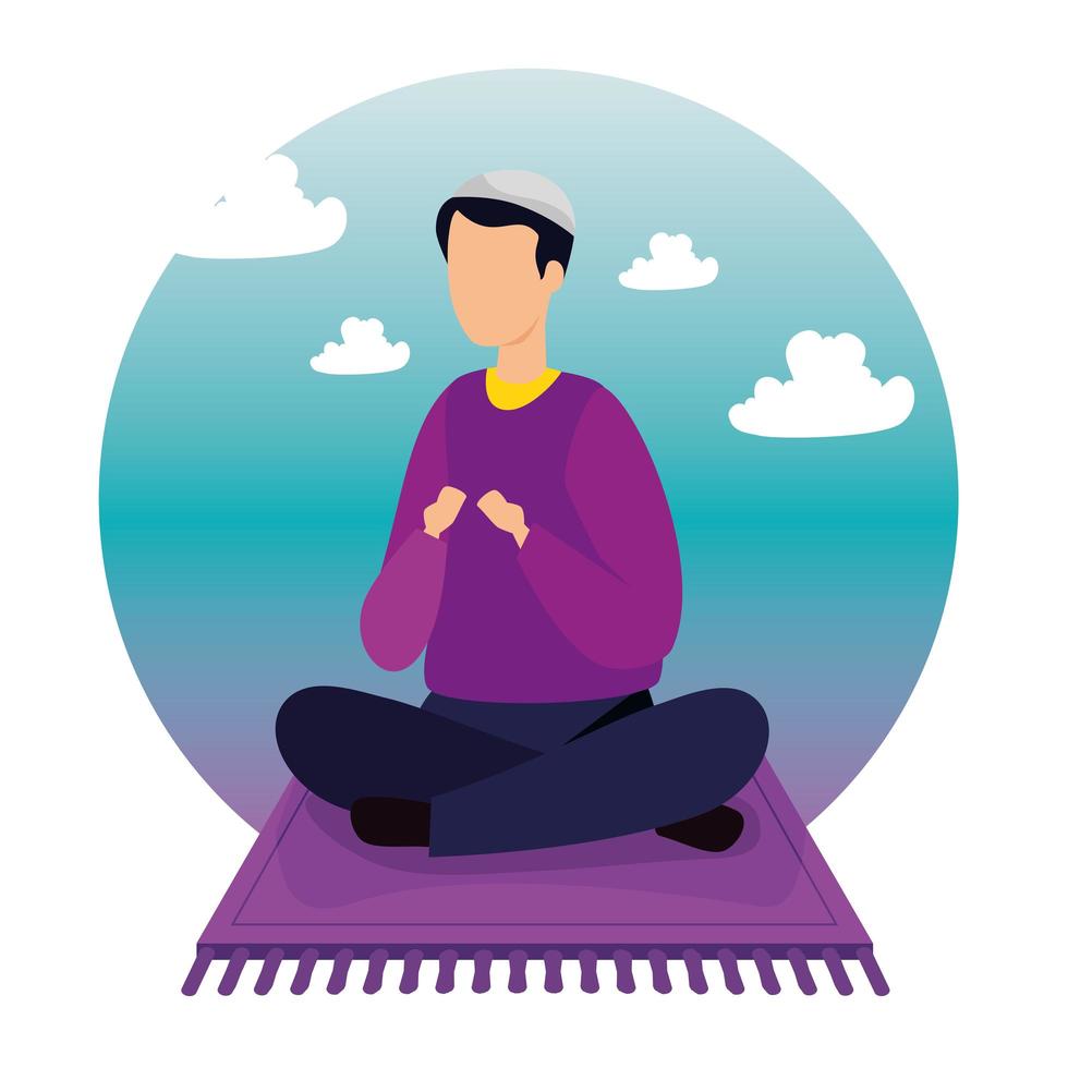 man muslim sitting in carpet with sky landscape vector