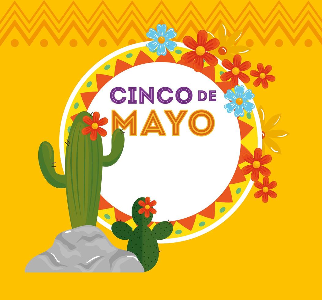 cartel del cinco de mayo con cactus y decoración. vector