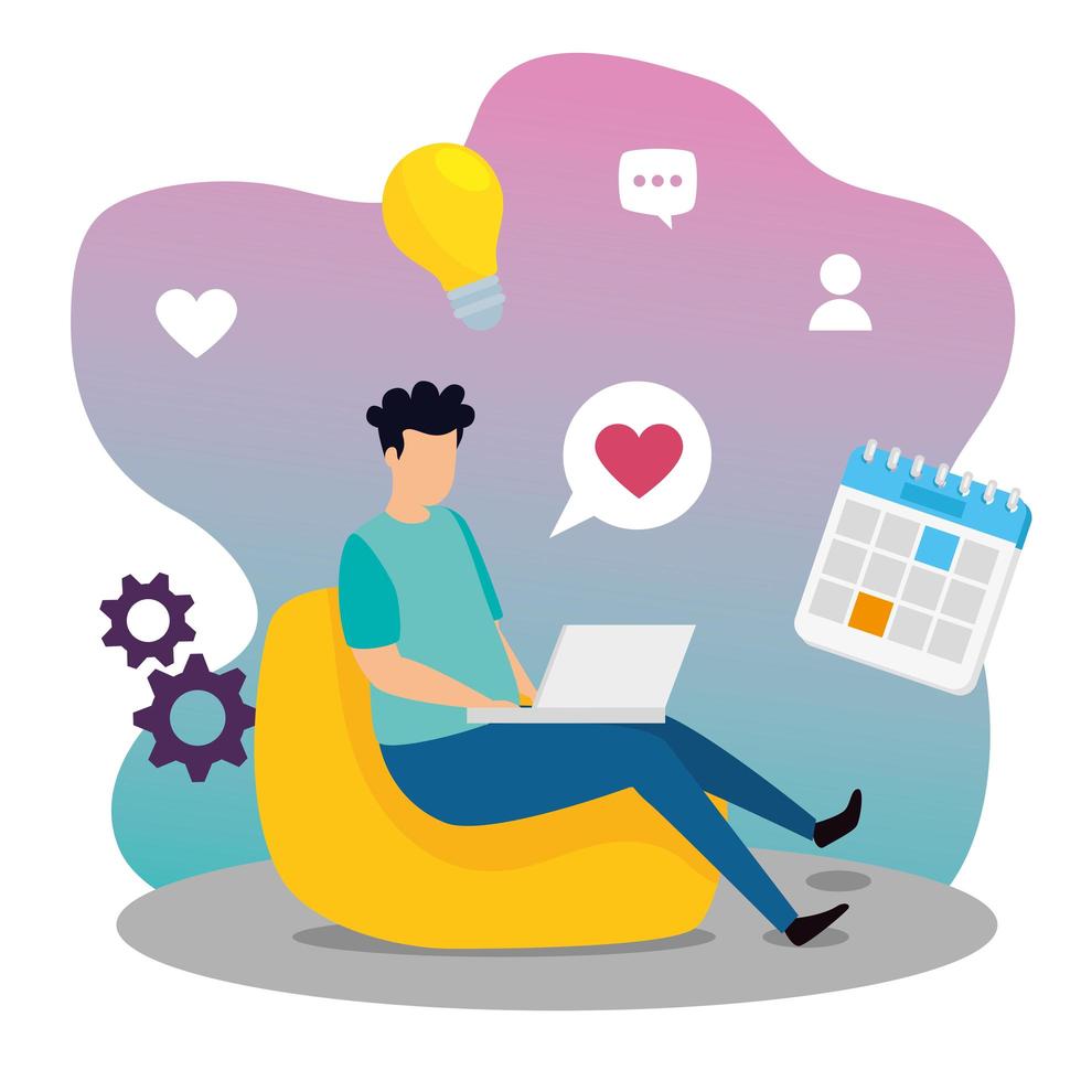 man working in workplace with computer and icons vector