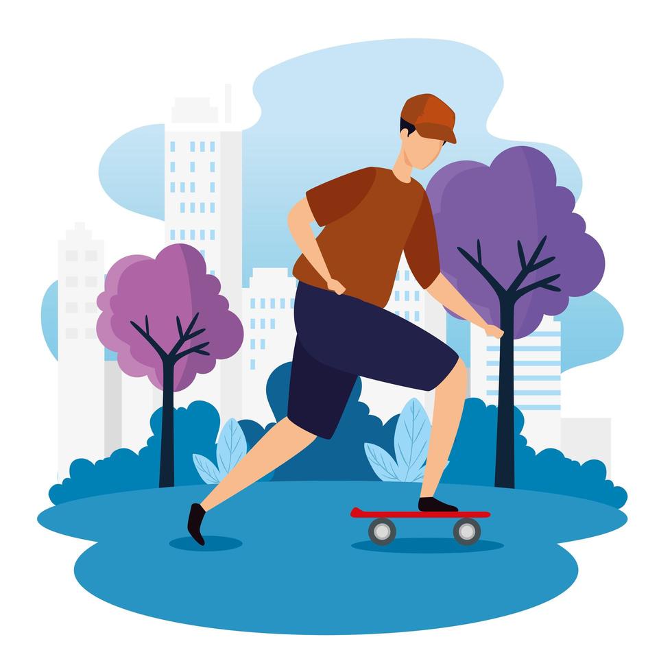 young man in skateboard with cityscape vector