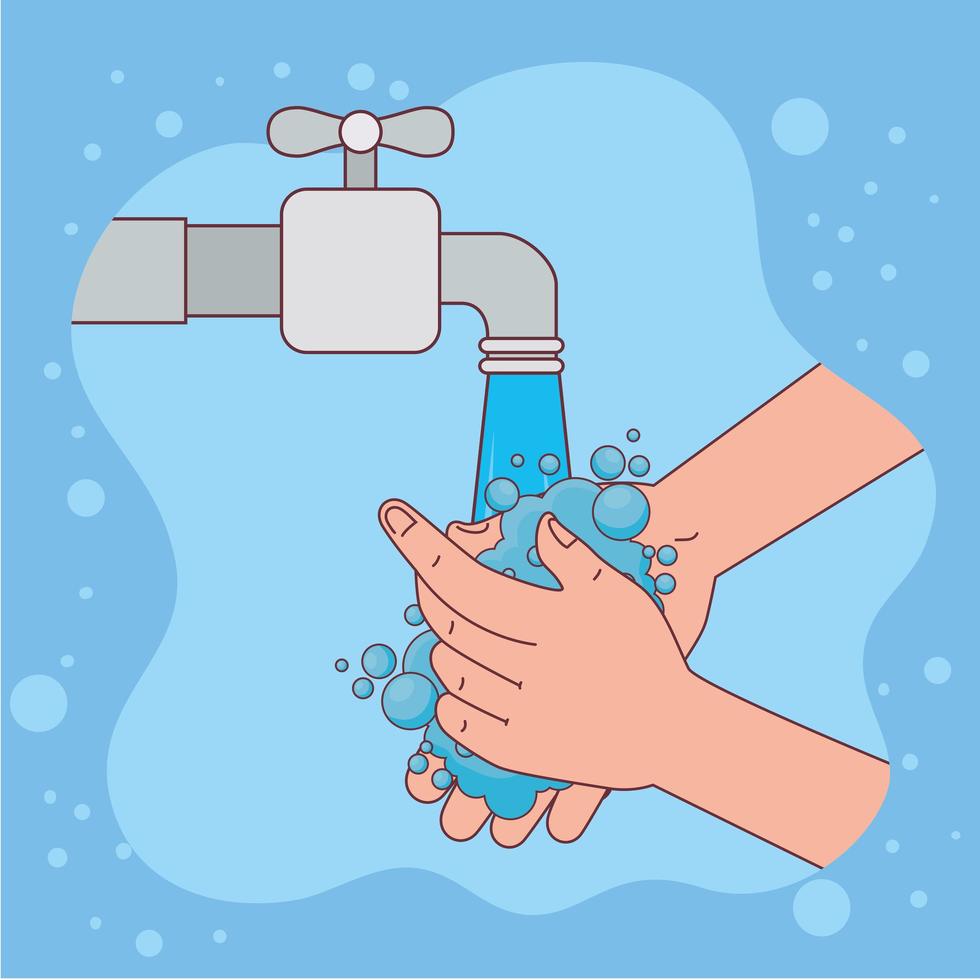 hands washing with water tap and bubbles vector design