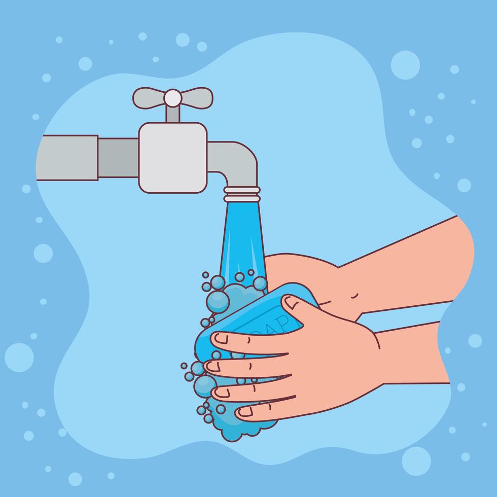 hands washing with water tap and soap bar vector design