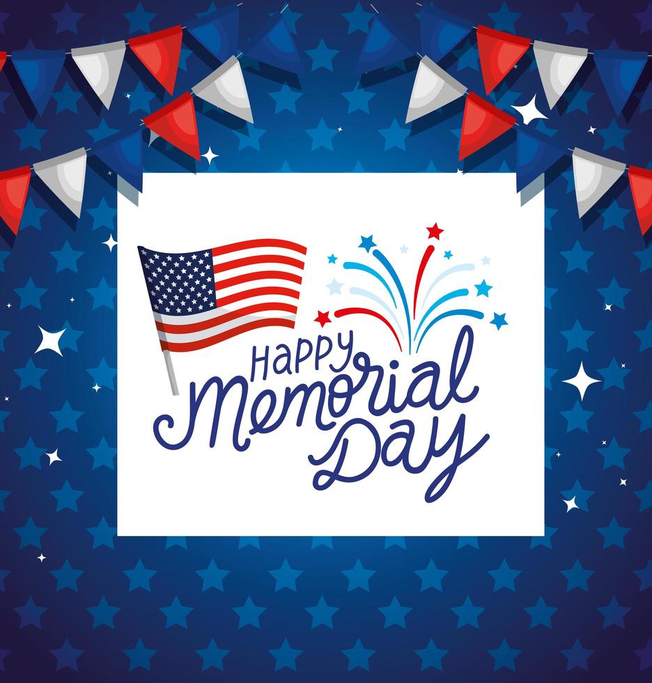 happy memorial day with flag usa and garlands hanging vector