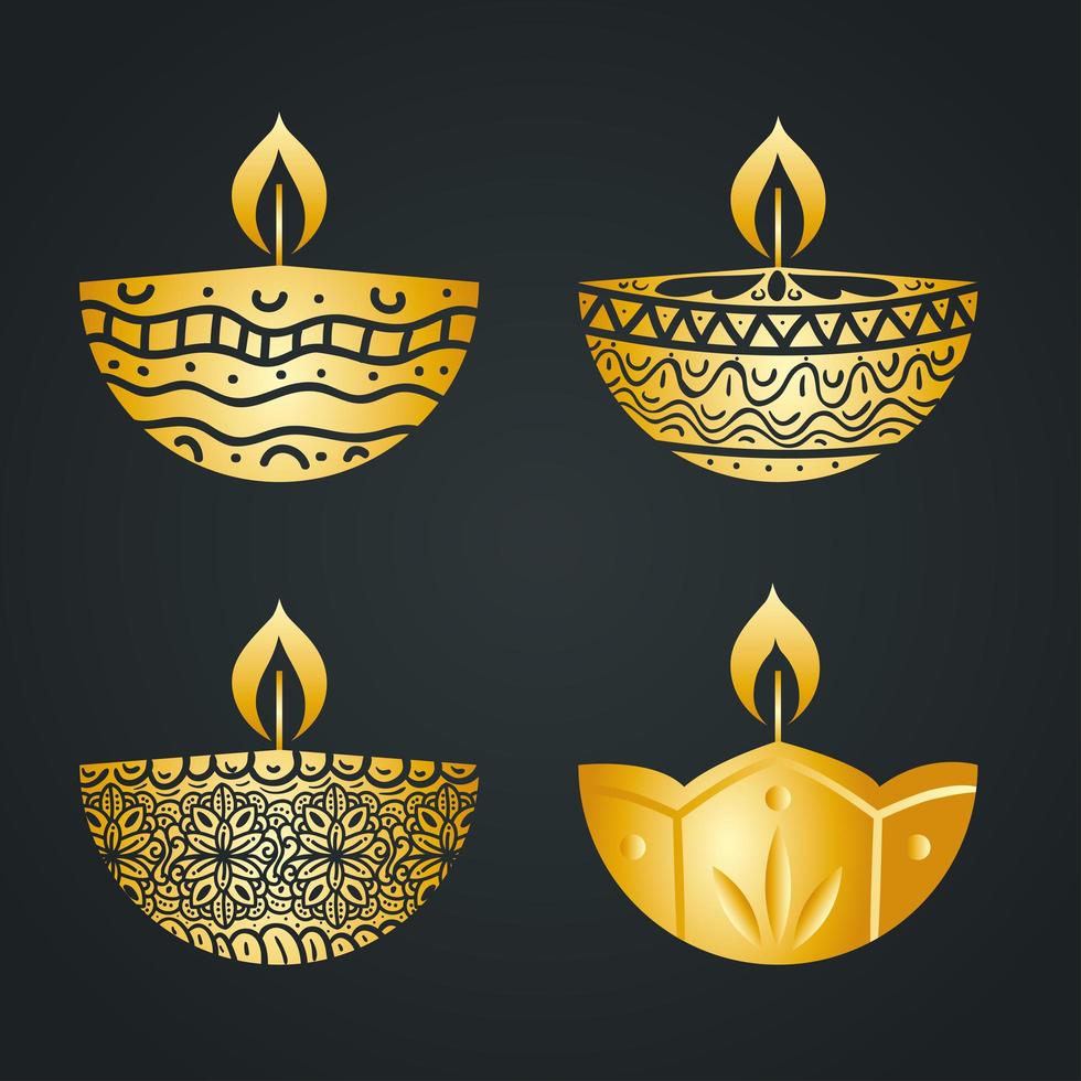 Happy diwali gold diya candles set vector design