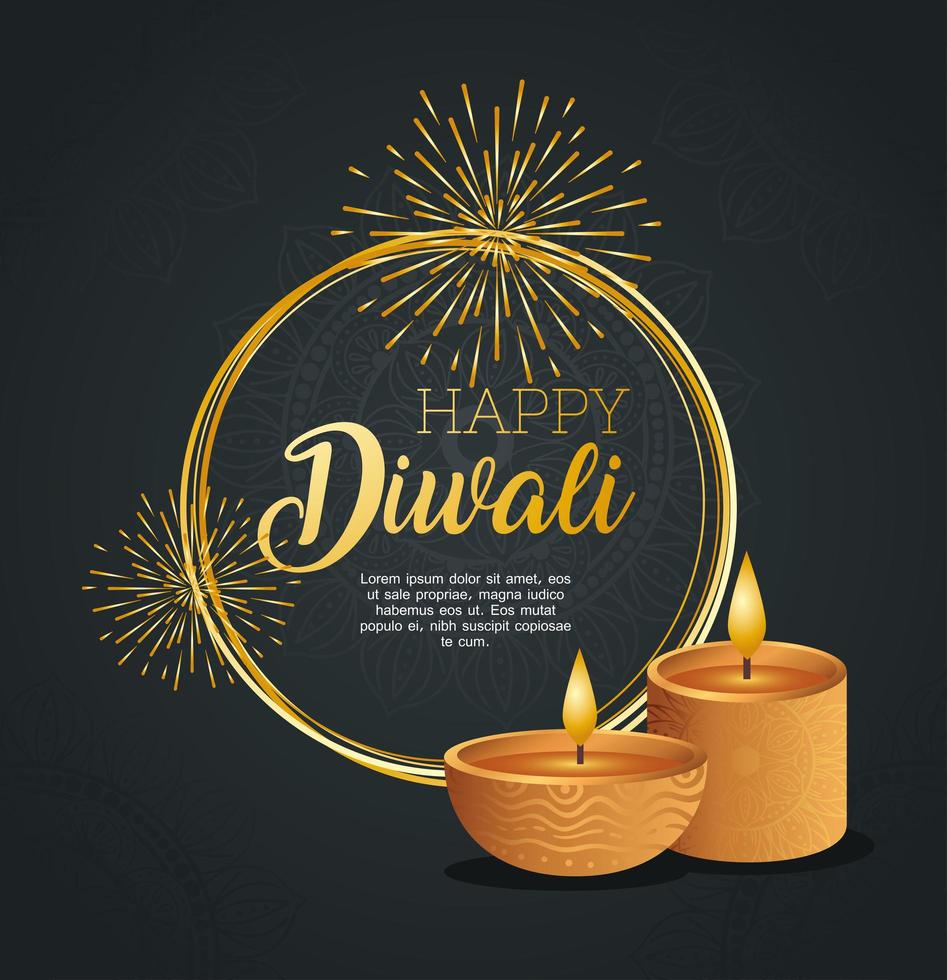 feliz diwali con velas diya con diseño vectorial de fuegos artificiales vector