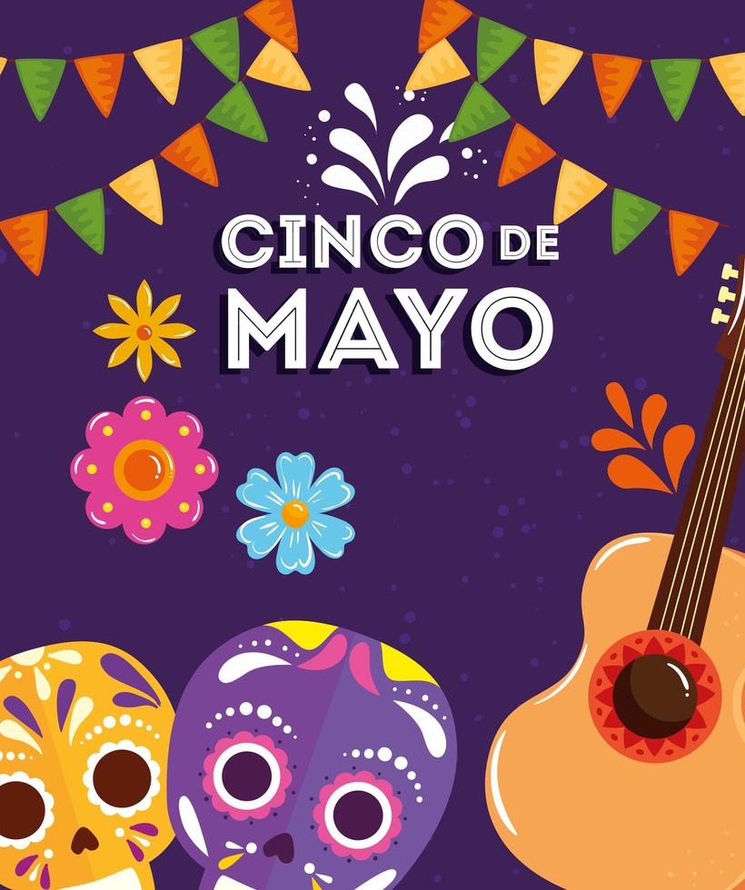 cartel del cinco de mayo con calaveras y guitarra vector