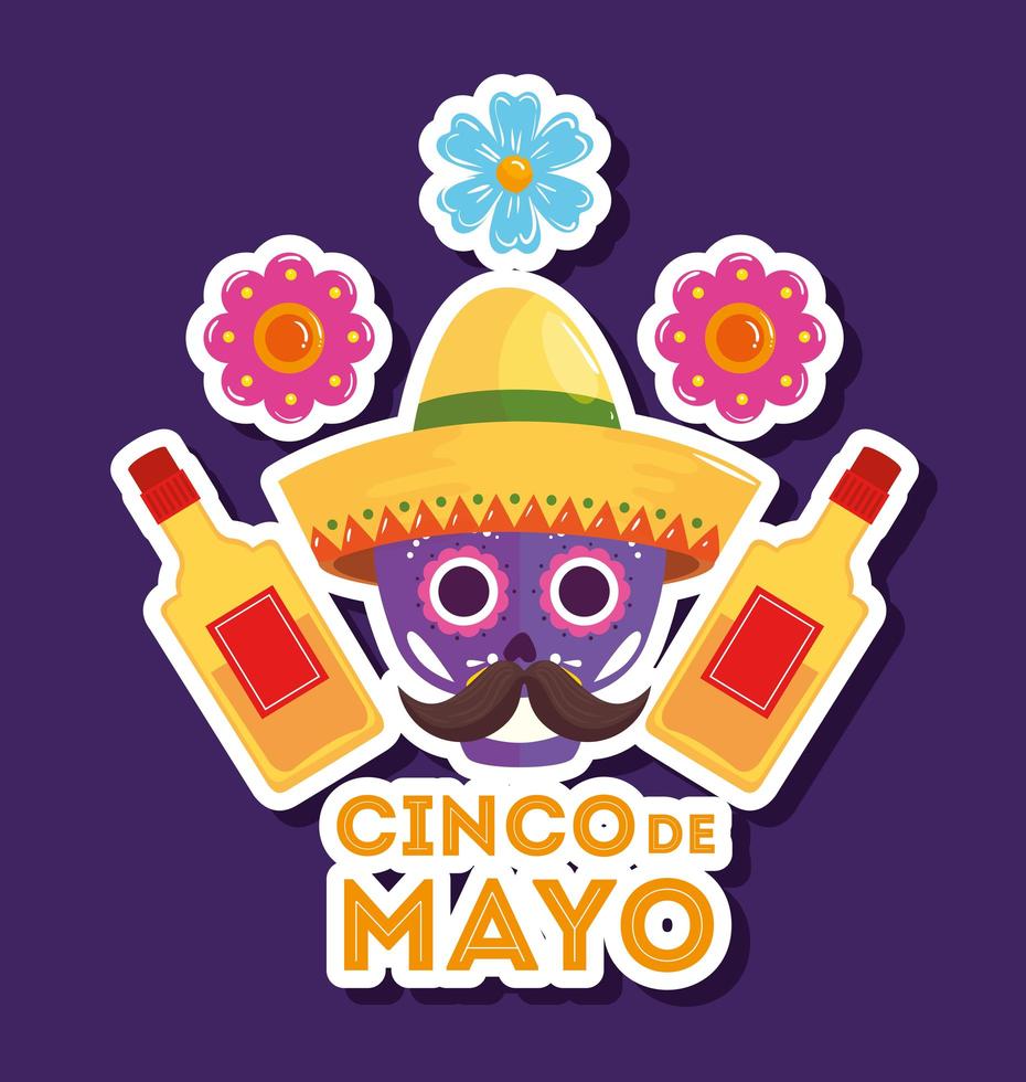 cartel del cinco de mayo con calavera y decoración vector