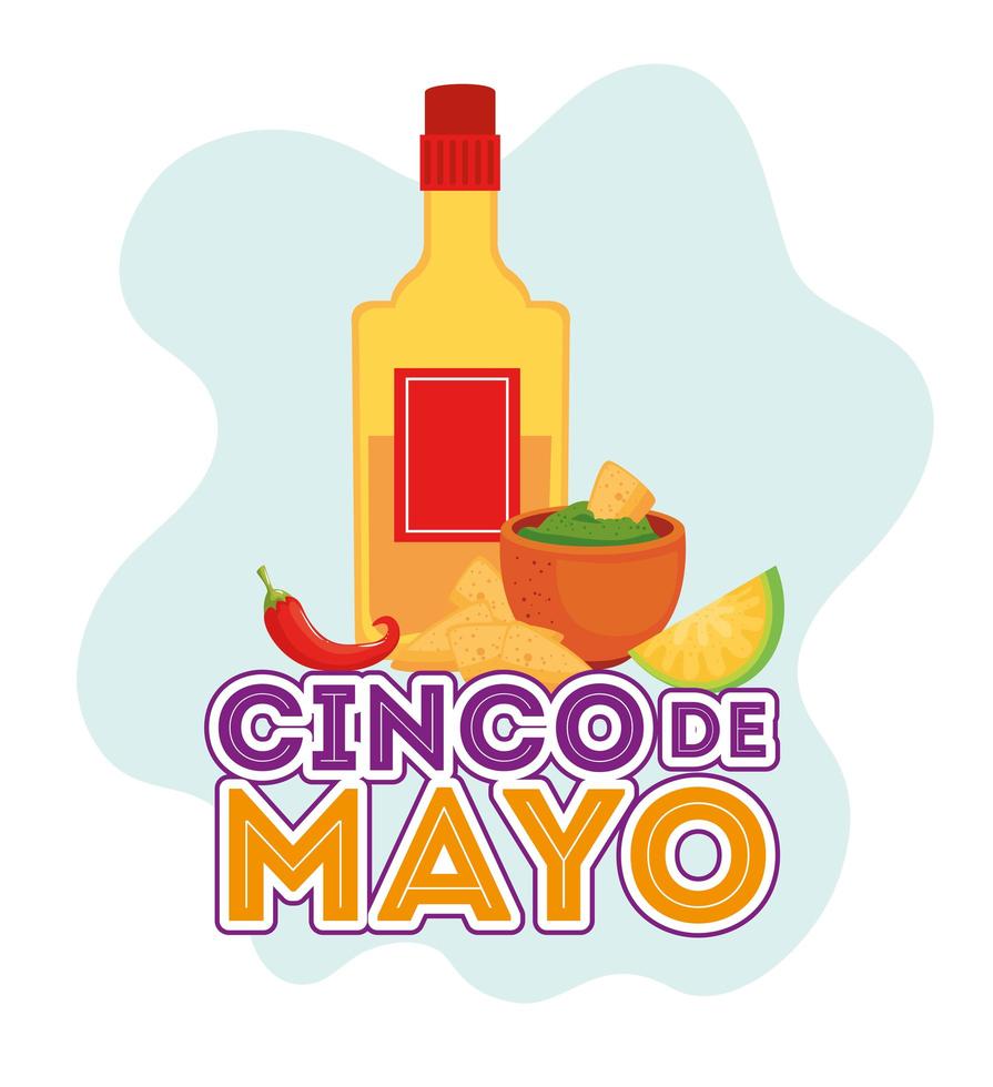 cinco de mayo poster with tequila and food vector