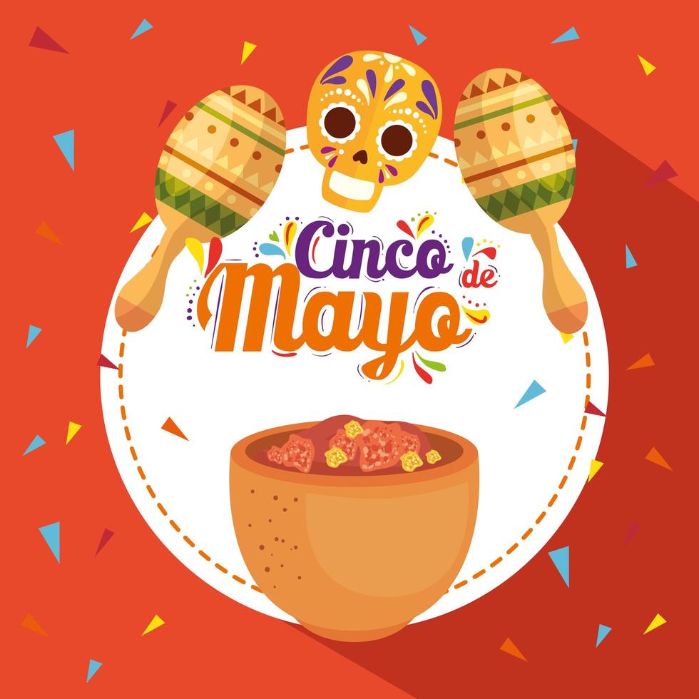 cartel del cinco de mayo con comida tradicional y decoración. vector